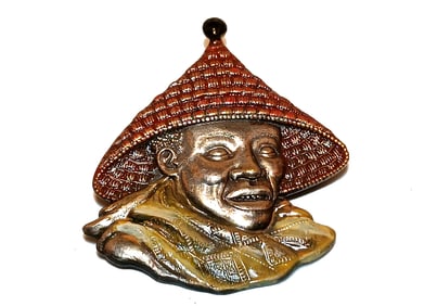 VINTAGE ENAMELED AFRICAN PORTRAIT BROOCH HAND PAINTED HAT DETAIL 2"