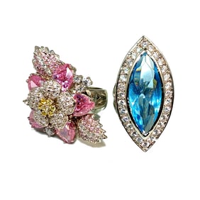 LOT OF 2 BEAUTIFUL VINTAGE LARGE CUBIC ZIRCONIA RINGS THAILAND