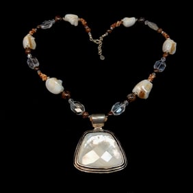 VINTAGE BARSE NECKLACE ROCK CRYSTAL MOTHER OF PEARL 24"