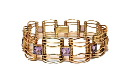 VINTAGE SIGNED SIMMONS GOLD TONE BRACELET PURPLE RHINESTONES 7.5" LONG