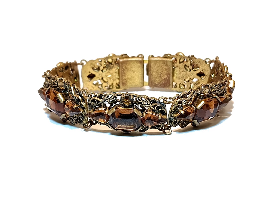 VINTAGE CZECH FILIGREE BRACELET W/ TOPAZ GLASS STONES 7" LONG (1 of 4)