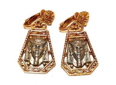 A FINE VINTAGE SIGNED ART EARRINGS EGYPTIAN REVIVAL  CLIPON PHAROH KING TUT
