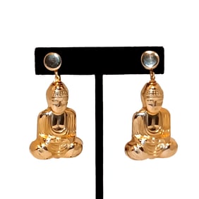 VINTAGE GOLD-TON BUDDHA IN MEDITATION EARRINGS 1950S SPIRITUAL STATEMENT PAIR