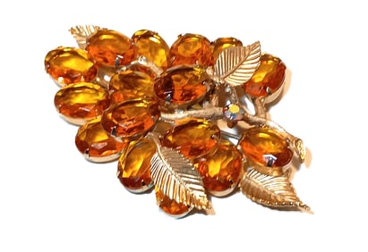 VINTAGE LARGE 4"  1950'S AMBER CRYSTAL TREE BROOCH