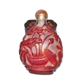 ANTIQUE CHINESE PEKING GLASS SNUFF BOTTLE PEONIES BATS PEACHES