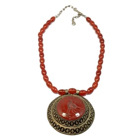 VINTAGE CARNELIAN NECKLACE LARGE CARVED PENDANT STERLING SILVER