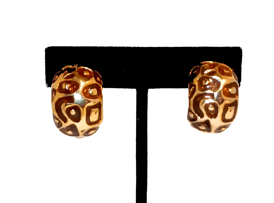 FINE VINTAGE LEOPARD PRINT ENAMEL CLIP-ON EARRINGS GOLD TONE UNSIGNED (1 of 4)