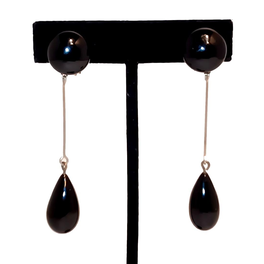 VINTAGE FRENCH DEPOSE MODERNIST BLACK DROP EARRINGS MADE IN FRANCE 2.5" (1 of 4)