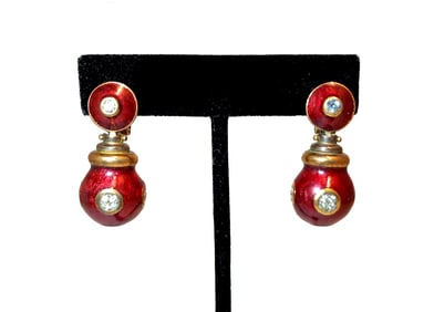 VINTAGE ITALIAN ULTIMA EDIZIONE RED ENAMEL CLIP-ON EARRINGS WITH CRYSTALS
