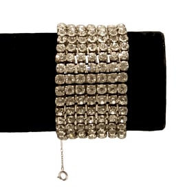 VINTAGE WIDE RHINESTONE BRACELET 7" BY 1.4" MULTI-ROW SPARKLE SAFETY CHAIN