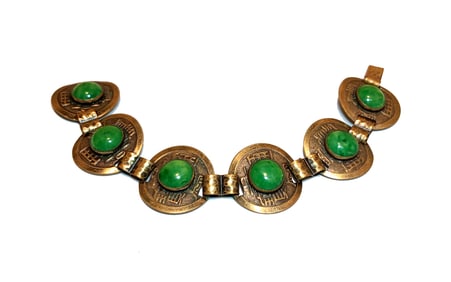 VINTAGE CHINESE BRASS BRACELET  WITH GREEN GLASS CABOCHONS
