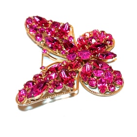 LARGE  2.9"  VINTAGE BUTTERFLY BROOCH PINK RHINESTONES PRONG SET