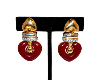 VINTAGE 1980S  JP SIGNED CLIP-ON RED HEART DROP EARRINGS WITH RHINESTONES