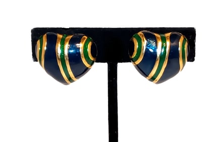 VINTAGE ENAMELED CLIP-ON EARRINGS BLUE & GREEN STRIPES UNSIGNED