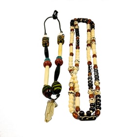 VINTAGE LOT OF 2 CARVED NECKLACES WITH TRADE BEADS AND CRYSTAL