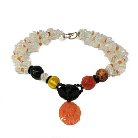 VINTAGE NATURAL 3 STRANDS  NECKLACE ONYX  AGATE CRYSTAL 16"
