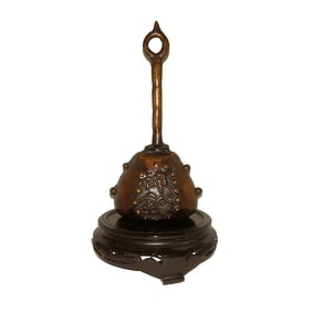 ANTIQUE BRONZE RITUAL PELLET BELL (LING/SUZU) WITH INSCRIBED PANEL & BAMBOO FORM HANDLE C.1900