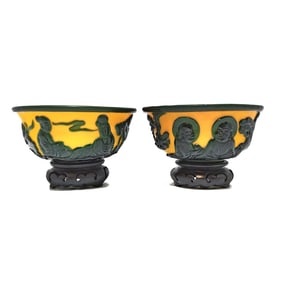 FINE VINTAGE LOT OF 2 CARVED YELLOW PEKING GLASS OVERLAY BOWLS GUANYIN  ARHATS