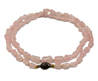 CHINESE EXPORT CARVED ROSE QUARTZ BEADS NECKLACE SILVER FILIGREE CLASP 27"