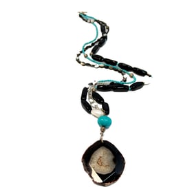 HEAVY VINTAGE BARSE NECKLACE 42" TURQUOISE ONYX MOTHER OF PEARL 42" 260 GRAMS