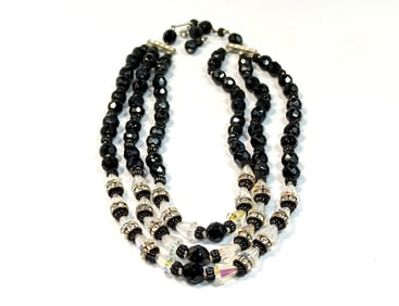 VINTAGE ART DECO NECKLACE 3 STRANDS FACETED BLACK AND CLEAR CRYSTAL