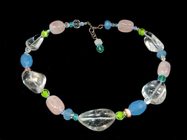 SUPERB VINTAGE NECKLACE ROSE QUARTZ  CHALCEDONY  STERLING 17"  101 GR