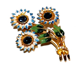 VINTAGE 1940'S UNSIGNED CORO ENAMELED TRIPLE FLOWER BROOCH 3"