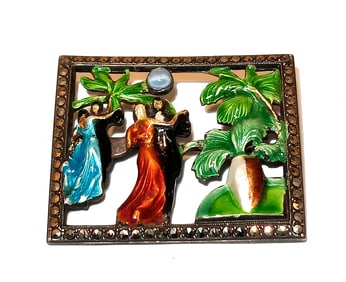 VINTAGE ART DECO STERLING & ENAMEL DANCING ISLAND SCENE BROOCH  SIGNED TJ USA