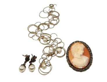 VINTAGE STERLING LOT SHELL CAMEO PEARL NECKLACE EARRINGS