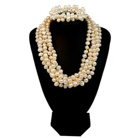 VINTAGE  5 STRANDS FRESHWATER PEARLS NECKLACE  BRACELET