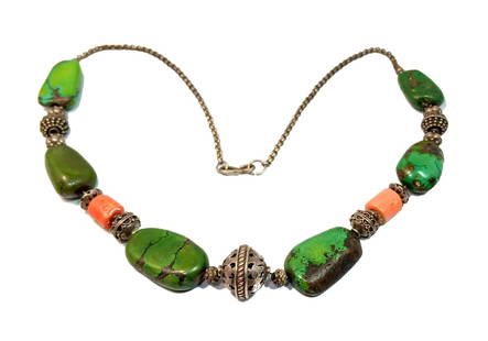 VINTAGE SOUTHWESTERN NECKLACE STERLING TURQUOISE NATURAL CORAL: OFFERED HERE IS A AN IMPRESSIVE VINTAGE SOUTHWESTERN NECKLACE SET IN STERLING SILVER, WITH TURQUOISE AND NATURAL CORAL. IT WEIGHS A WHOPPING 102 GRAMS. IT IS IS 22" LONG. OUR STONES ARE TESTED IN VARI
