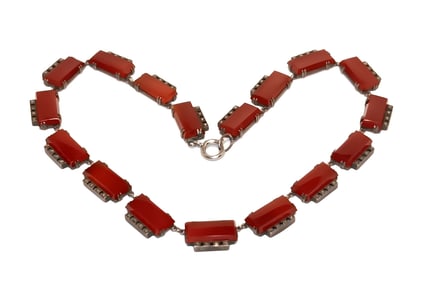 VINTAGE STERLING NECKLACE WITH RECTANGULAR CARNELIAN STONES 15"  39 GRAMS
