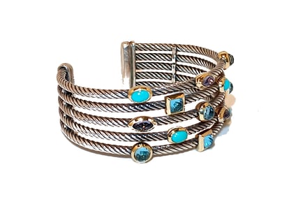 VINTAGE DAVID YURMAN STERLING & 18K GOLD CABLE CUFF BRACELET WITH GEMSTONES