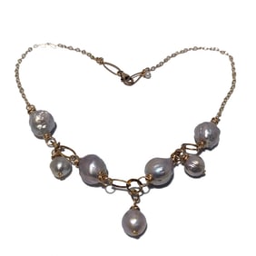 ANTIQUE GOLD FILLED NECKLACE WITH OCEAN BAROQUE PEARLS 15"