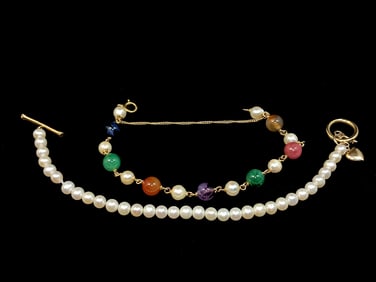 LOT OF TWO FINE BRACELETS 10K CULTURED PEARL & 14K MULTI-GEM WITH JAPANESE AKOYA PEARLS