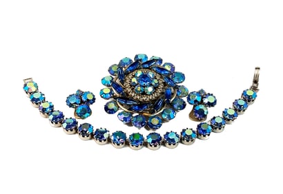 VINTAGE LOT BLUE AURORA BOREALIS BROOCH BRACELET EARRINGS