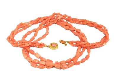 VINTAGE NATURAL CORAL CARVED BEAD 3 STRANDS NECKLACE 22" LONG 48 GRAMS