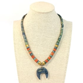 VINTAGE NATIVE AMERICAN STYLE RED & BLUE CORAL BEAD NECKLACE WITH CRESCENT PENDANT 16"  37 GRAMS