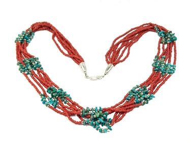 VINTAGE SOUTHWESTERN STYLE SEVEN-STRAND CORAL & TURQUOISE HEISHI NECKLACE  27" LONG