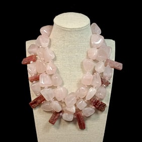 VINTAGE  MASSIVE NECKLACE BY SUMARIS LARGE ROSE QUARTZ TOURMALINE