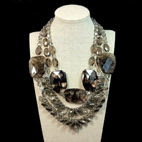 VINTAGE DESIGNER STATEMENT 3 STRANDS NECKLACE SIGNED SUMARIS FACETED SMOKY QUARTZ