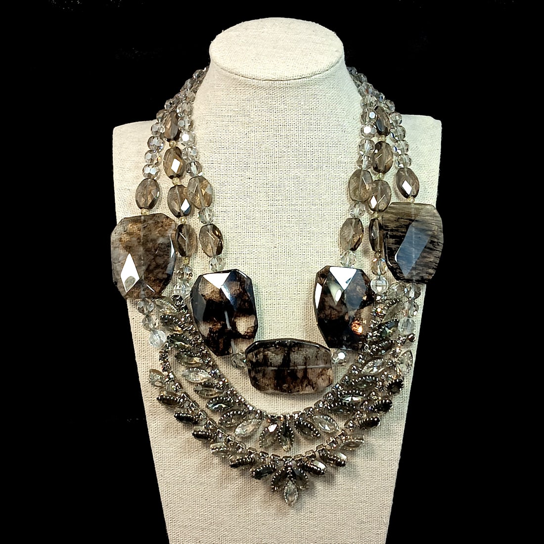 VINTAGE DESIGNER STATEMENT 3 STRANDS NECKLACE SIGNED SUMARIS FACETED SMOKY QUARTZ (1 of 4)