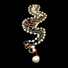 VINTAGE COLORFUL  BAROQUE PEARL 3 STRAND NECKLACE GREEN RED 17" SHORT STRAND