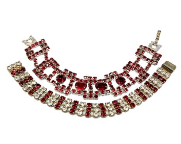 TWO VINTAGE RHINESTONE BRACELETS RED 7.25" & 6.9"
