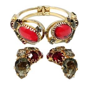 VINTAGE RED RHINESTONE JEWELRY JULIANA D&E BRACELET EARRINGS