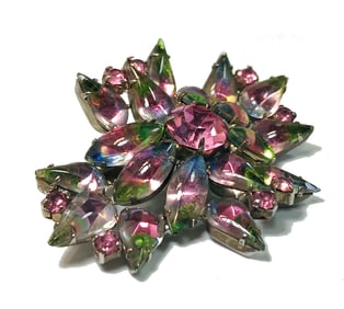 VINTAGE IRIS GLASS RHINESTONE BROOCH MALTESE CROSS MID CENTURY