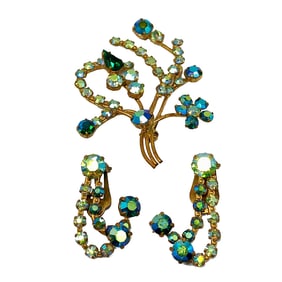 VINTAGE AUSTRIA RHINESTONE BROOCH AND EARRINGS AURORA BOREALIS
