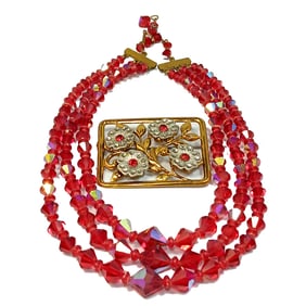 VINTAGE ART DECO VINTAGE RED CRYSTAL NECKLACE 16" LONG AND A  BROOCH
