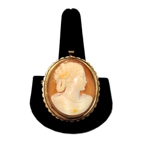FINE ANTIQUE CARVED  SHELL CAMEO BROOCH PENDANT 1.75"  STERLING