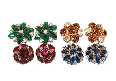 VINTAGE LOT OF FOUR RHINESTONES CLUSTER EARRINGS UNSIGNED